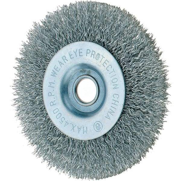 Tru-Maxx - 4" OD, 1/2" Arbor Hole, Crimped Steel Wheel Brush - 1/2" Face Width, 3/4" Trim Length, 0.014" Filament Diam, 6,000 RPM - Makers Industrial Supply