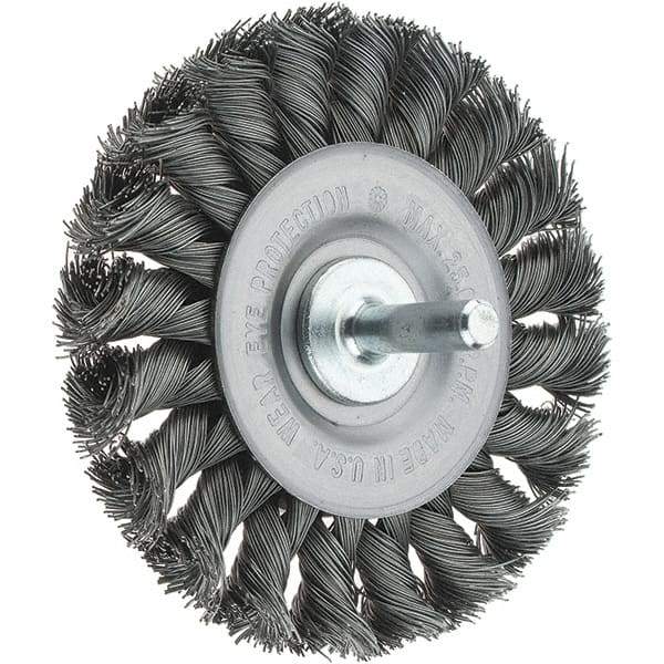 Tru-Maxx - 3-1/4" OD, 1/4" Shank Diam, Knotted Steel Wheel Brush - 3/8" Face Width, 5/8" Trim Length, 0.014" Filament Diam, 25,000 RPM - Makers Industrial Supply