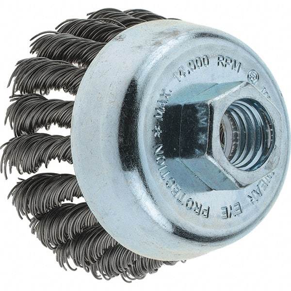 Tru-Maxx - 2-3/4" Diam, 5/8-11 Threaded Arbor, Steel Fill Cup Brush - 0.02 Wire Diam, 1" Trim Length, 14,000 Max RPM - Makers Industrial Supply