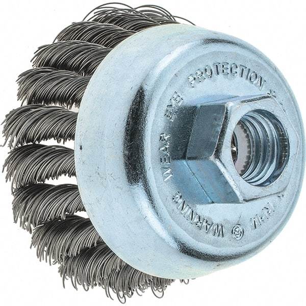 Tru-Maxx - 2-3/4" Diam, 5/8-11 Threaded Arbor, Steel Fill Cup Brush - 0.014 Wire Diam, 1" Trim Length, 14,000 Max RPM - Makers Industrial Supply