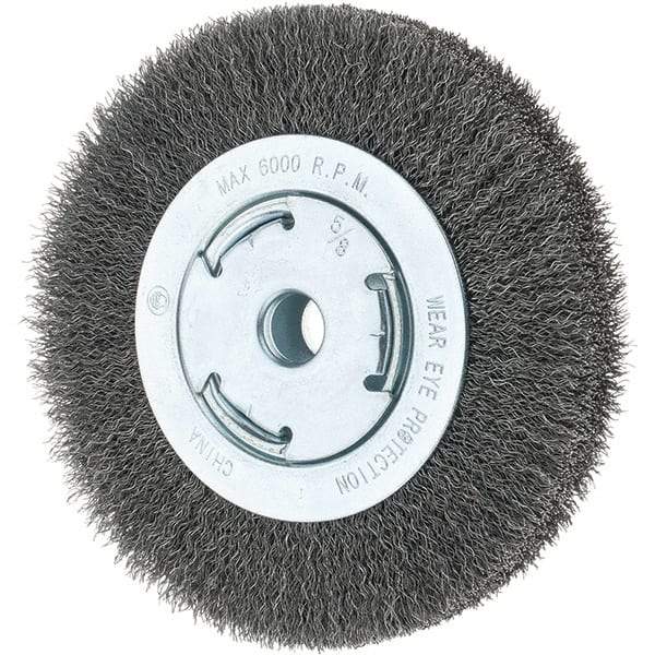 Tru-Maxx - 6" OD, 5/8-11 Arbor Hole, Crimped Steel Wheel Brush - 7/8" Face Width, 1-1/8" Trim Length, 0.014" Filament Diam, 6,000 RPM - Makers Industrial Supply