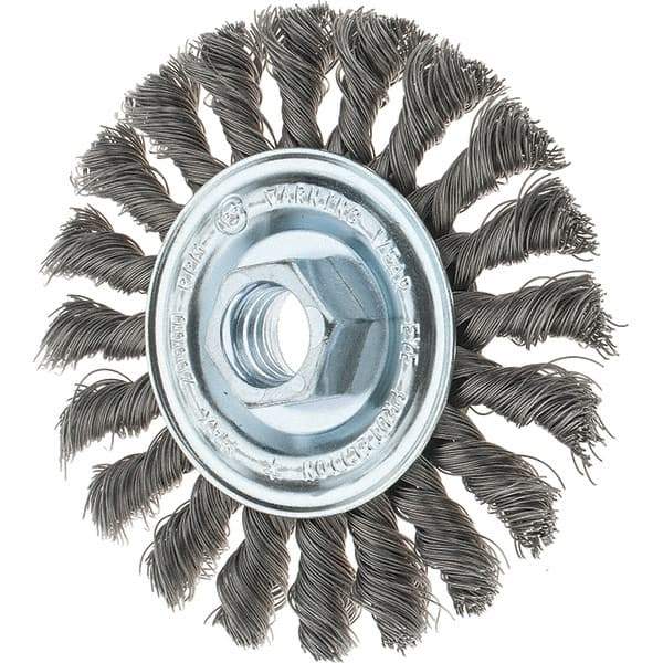 Tru-Maxx - 4" OD, 5/8-11 Arbor Hole, Knotted Steel Wheel Brush - 1/2" Face Width, 7/8" Trim Length, 0.014" Filament Diam, 20,000 RPM - Makers Industrial Supply