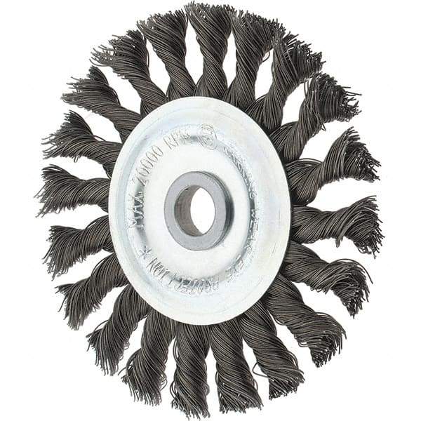 Tru-Maxx - 4" OD, 1/2" Arbor Hole, Knotted Steel Wheel Brush - 5/8" Face Width, 7/8" Trim Length, 0.014" Filament Diam, 20,000 RPM - Makers Industrial Supply