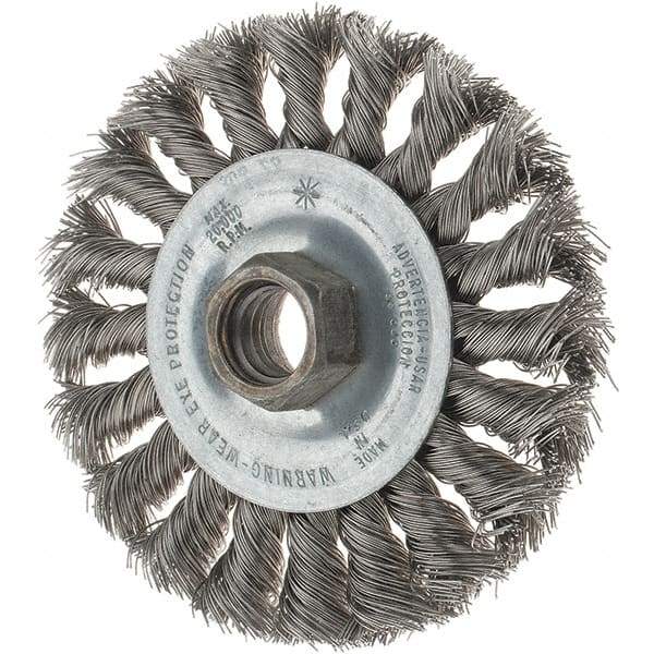 Tru-Maxx - 4" OD, 5/8-11 Arbor Hole, Knotted Stainless Steel Wheel Brush - 1/2" Face Width, 7/8" Trim Length, 0.014" Filament Diam, 20,000 RPM - Makers Industrial Supply