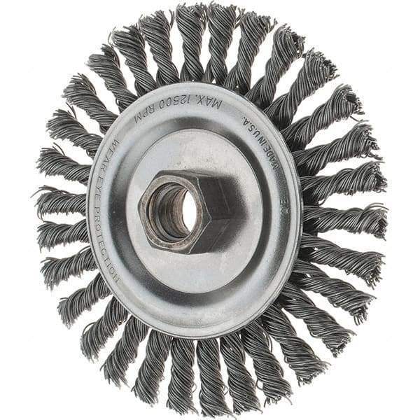 Tru-Maxx - 4-1/2" OD, 5/8-11 Arbor Hole, Stringer Bead Steel Wheel Brush - 3/16" Face Width, 13/16" Trim Length, 0.02" Filament Diam, 12,500 RPM - Makers Industrial Supply