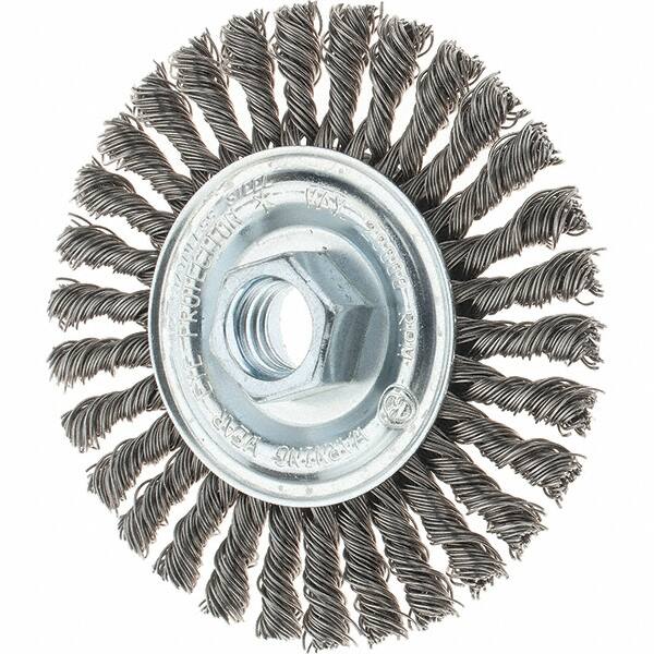 Tru-Maxx - 4" OD, 5/8-11 Arbor Hole, Stringer Bead Stainless Steel Wheel Brush - 1/4" Face Width, 7/8" Trim Length, 0.02" Filament Diam, 20,000 RPM - Makers Industrial Supply