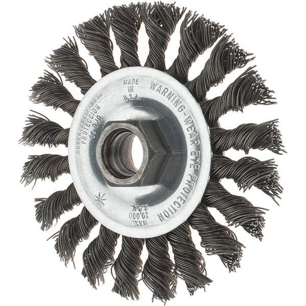 Tru-Maxx - 4" OD, 5/8-11 Arbor Hole, Knotted Steel Wheel Brush - 1/2" Face Width, 7/8" Trim Length, 0.02" Filament Diam, 20,000 RPM - Makers Industrial Supply