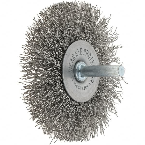 Tru-Maxx - 3" OD, 1/4" Shank Diam, Crimped Stainless Steel Wheel Brush - 1/2" Face Width, 13/16" Trim Length, 0.014" Filament Diam, 20,000 RPM - Makers Industrial Supply