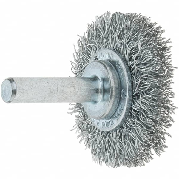 Tru-Maxx - 1-1/2" OD, 1/4" Shank Diam, Crimped Steel Wheel Brush - 1/4" Face Width, 3/8" Trim Length, 0.0118" Filament Diam, 20,000 RPM - Makers Industrial Supply