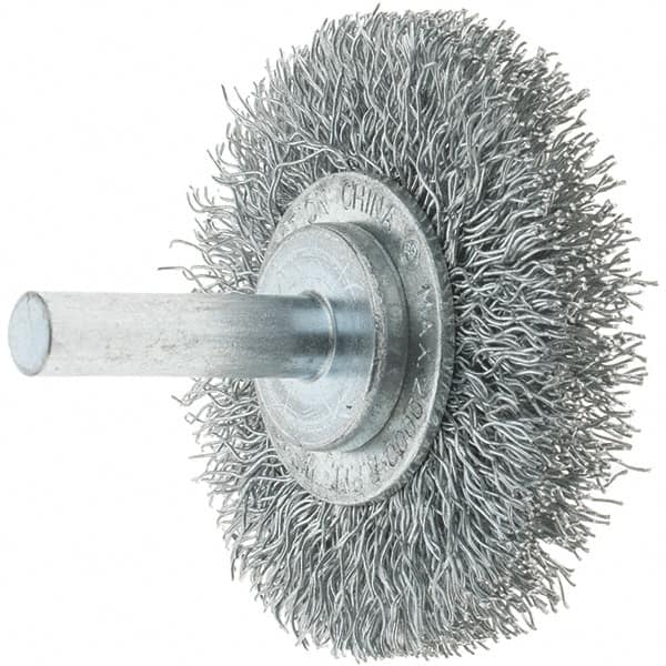 Tru-Maxx - 2" OD, 1/4" Shank Diam, Crimped Steel Wheel Brush - 3/8" Face Width, 7/16" Trim Length, 0.014" Filament Diam, 20,000 RPM - Makers Industrial Supply