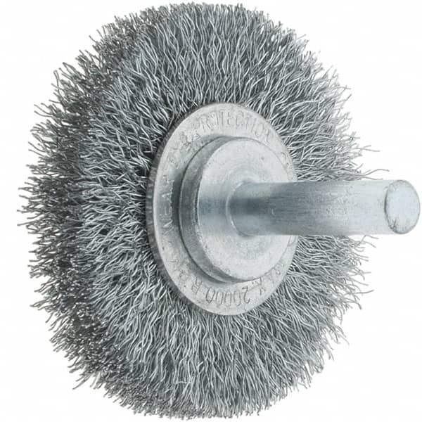 Tru-Maxx - 2" OD, 1/4" Shank Diam, Crimped Steel Wheel Brush - 3/8" Face Width, 7/16" Trim Length, 0.008" Filament Diam, 20,000 RPM - Makers Industrial Supply