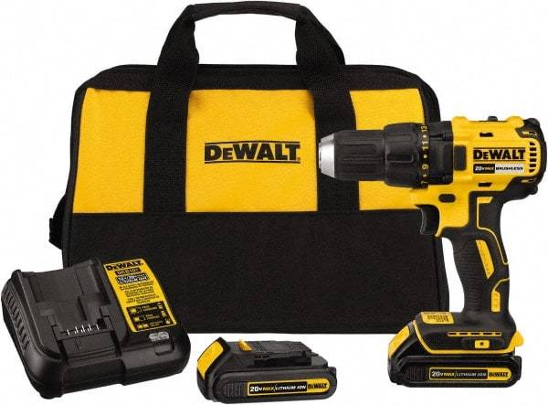 DeWALT - 20 Volt 1/2" Chuck Mid-Handle Cordless Drill - 0-1600 RPM, Reversible, 2 Lithium-Ion Batteries Included - Makers Industrial Supply