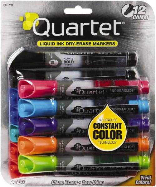 Quartet - Assorted Colors, Chisel Tip, 12 Set EnduraGlide Dry Erase Markers - For Use with Dry Erase Marker Boards - Makers Industrial Supply