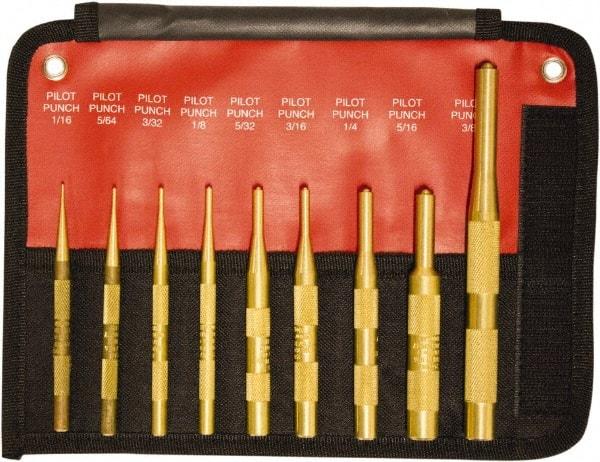 Mayhew - 9 Piece, 1/16 to 3/8", Brass Pilot Punch Kit - Round Shank, Brass, Comes in Pouch - Makers Industrial Supply