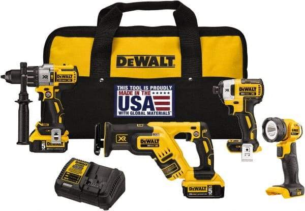 DeWALT - 20 Volt Cordless Tool Combination Kit - Includes 1/2" Brushless Hammerdrill, Brushless 1/4" Impact Driver, Brushless Reciprocating Saw & LED Worklight, Lithium-Ion Battery Included - Makers Industrial Supply