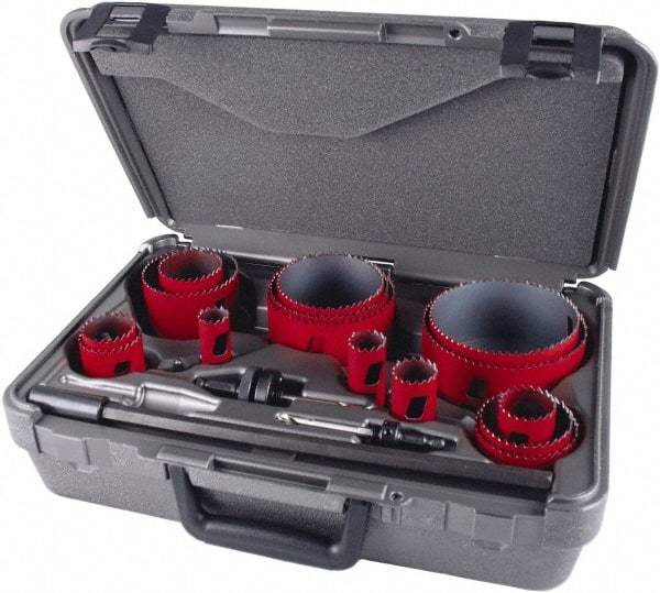 M.K. MORSE - 19 Piece, 3/4" to 4-1/2" Saw Diam, Industrial Hole Saw Kit - Bi-Metal, Toothed Edge, Pilot Drill Model No. MAPD301, Includes 5 Hole Saws - Makers Industrial Supply