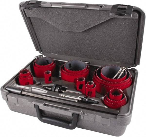 M.K. MORSE - 25 Piece, 3/4" to 4-3/4" Saw Diam, Contractor's Hole Saw Kit - Bi-Metal, Toothed Edge, Pilot Drill Model No. MAPD301, Includes 5 Hole Saws - Makers Industrial Supply