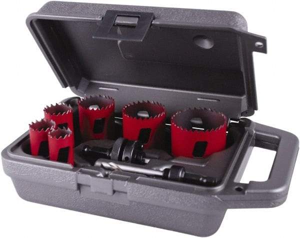 M.K. MORSE - 8 Piece, 3/4" to 2-1/4" Saw Diam, Plumber's Hole Saw Kit - Bi-Metal, Toothed Edge, Pilot Drill Model No. MAPD301, Includes 2 Hole Saws - Makers Industrial Supply