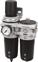 Parker - 1" NPT Port Heavy-Duty 2 Piece Filter/Regulator-Lubricator FRL Unit - Polypropylene Bowl, 340 SCFM, 254 Max psi, 13-1/2" High, Manual Drain - Makers Industrial Supply