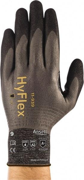 Ansell - Size M (8), ANSI Cut Lvl A2, Abrasion Lvl 4, Nitrile/Polyurethane Coated HPPE Fiber Cut Resistant Gloves - 9.3307" Long, Fully Coated Coated, Spandex & Dyneema/Nylon Lining, Knit Wrist, Gray/Black, Paired - Makers Industrial Supply