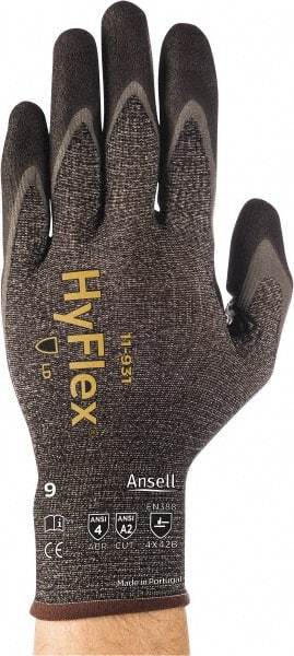 Ansell - Size XS (6), ANSI Cut Lvl A2, Abrasion Lvl 4, Nitrile/Polyurethane Coated HPPE Fiber Cut Resistant Gloves - 8.5827" Long, Palm & Fingers Coated, Spandex & Dyneema/Nylon Lining, Knit Wrist, Gray/Black, Paired - Makers Industrial Supply