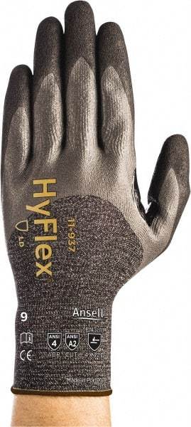 Ansell - Size M (8), ANSI Cut Lvl A2, Abrasion Lvl 4, Nitrile/Polyurethane Coated HPPE Fiber Cut Resistant Gloves - 9.4488" Long, Palm, Fingers & Knuckles Coated, Spandex & Dyneema/Nylon Lining, Knit Wrist, Gray/Black, Paired - Makers Industrial Supply