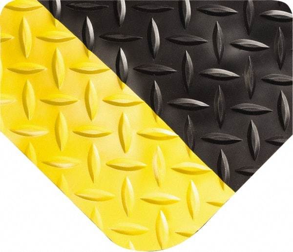 Wearwell - 12' Long x 4' Wide, Dry Environment, Anti-Fatigue Matting - Black with Yellow Borders, Vinyl with Urethane Sponge Base, Beveled on All 4 Sides - Makers Industrial Supply