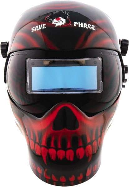 Save Phace - 3.74" Window Width x 1.38" Window Height, 4, 9 to 13 Shade Auto-Darkening Lens, Fixed Front Welding Helmet - Black/Red, Nylon Green Lens - Makers Industrial Supply