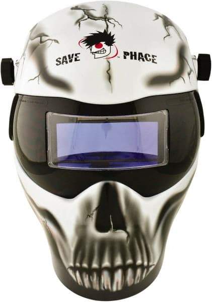 Save Phace - 3.62" Window Width x 1.42" Window Height, 3 to 10 Shade Auto-Darkening Lens, Fixed Front Welding Helmet - Black/White/Gray, Nylon Green Lens - Makers Industrial Supply