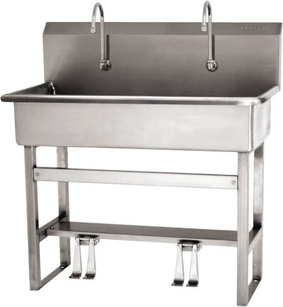 SANI-LAV - 37" Long x 16-1/2" Wide Inside, 1 Compartment, Grade 304 Stainless Steel (3) Person Wash-Station with Double Foot Valves - 16 Gauge, 40" Long x 20" Wide x 45" High Outside, 8" Deep - Makers Industrial Supply