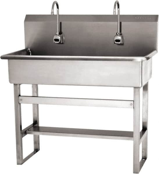 SANI-LAV - 37" Long x 16-1/2" Wide Inside, 1 Compartment, Grade 304 Stainless Steel (3) Person Wash-Station with Electronic Faucet - 16 Gauge, 40" Long x 20" Wide x 45" High Outside, 8" Deep - Makers Industrial Supply