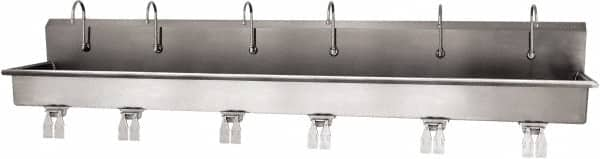 SANI-LAV - 117" Long x 16-1/2" Wide Inside, 1 Compartment, Grade 304 Stainless Steel (6) Person Wash-Station with Double Foot Valves - 16 Gauge, 120" Long x 20" Wide x 18" High Outside, 8" Deep - Makers Industrial Supply