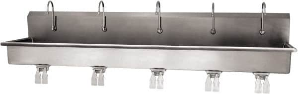 SANI-LAV - 97" Long x 16-1/2" Wide Inside, 1 Compartment, Grade 304 Stainless Steel (5) Person Wash-Station with Double Foot Valves - 16 Gauge, 100" Long x 20" Wide x 18" High Outside, 8" Deep - Makers Industrial Supply