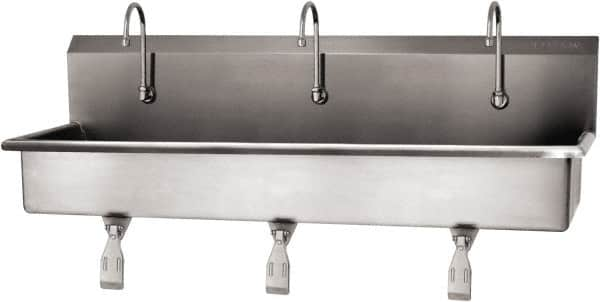 SANI-LAV - 57" Long x 16-1/2" Wide Inside, 1 Compartment, Grade 304 Stainless Steel (3) Person Wash-Station with Single Foot Valves - 16 Gauge, 60" Long x 20" Wide x 18" High Outside, 8" Deep - Makers Industrial Supply