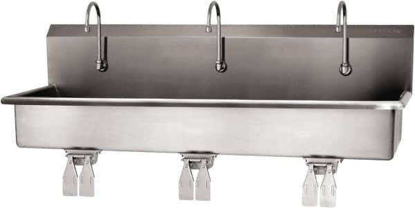 SANI-LAV - 57" Long x 16-1/2" Wide Inside, 1 Compartment, Grade 304 Stainless Steel (3) Person Wash-Station with Double Foot Valves - 16 Gauge, 60" Long x 20" Wide x 18" High Outside, 8" Deep - Makers Industrial Supply