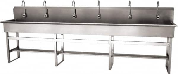 SANI-LAV - 117" Long x 16-1/2" Wide Inside, 1 Compartment, Grade 304 Stainless Steel (6) Person Wash-Station with Electronic Faucet - 16 Gauge, 120" Long x 20" Wide x 45" High Outside, 8" Deep - Makers Industrial Supply