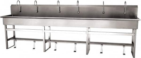 SANI-LAV - 117" Long x 16-1/2" Wide Inside, 1 Compartment, Grade 304 Stainless Steel (6) Person Wash-Station with Single Foot Valves - 16 Gauge, 120" Long x 20" Wide x 45" High Outside, 8" Deep - Makers Industrial Supply