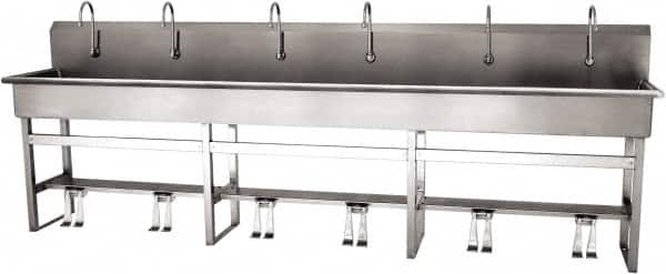 SANI-LAV - 117" Long x 16-1/2" Wide Inside, 1 Compartment, Grade 304 Stainless Steel (6) Person Wash-Station with Double Foot Valves - 16 Gauge, 120" Long x 20" Wide x 45" High Outside, 8" Deep - Makers Industrial Supply