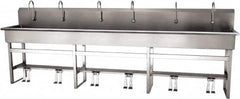 SANI-LAV - 117" Long x 16-1/2" Wide Inside, 1 Compartment, Grade 304 Stainless Steel (6) Person Wash-Station with Double Foot Valves - 16 Gauge, 120" Long x 20" Wide x 45" High Outside, 8" Deep - Makers Industrial Supply