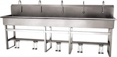 SANI-LAV - 97" Long x 16-1/2" Wide Inside, 1 Compartment, Grade 304 Stainless Steel (5) Person Wash-Station with Double Foot Valves - 16 Gauge, 100" Long x 20" Wide x 45" High Outside, 8" Deep - Makers Industrial Supply