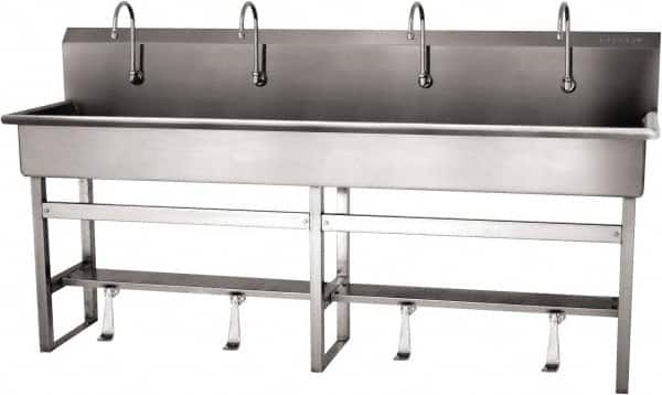 SANI-LAV - 77" Long x 16-1/2" Wide Inside, 1 Compartment, Grade 304 Stainless Steel (5) Person Wash-Station with Single Foot Valves - 16 Gauge, 80" Long x 20" Wide x 45" High Outside, 8" Deep - Makers Industrial Supply