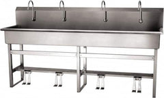 SANI-LAV - 77" Long x 16-1/2" Wide Inside, 1 Compartment, Grade 304 Stainless Steel (5) Person Wash-Station with Double Foot Valves - 16 Gauge, 80" Long x 20" Wide x 45" High Outside, 8" Deep - Makers Industrial Supply