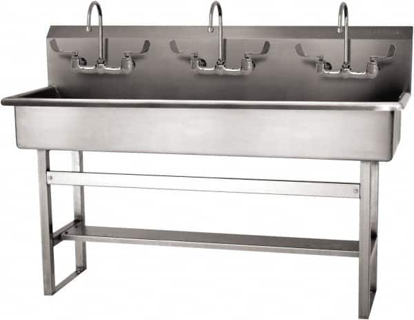 SANI-LAV - 57" Long x 16-1/2" Wide Inside, 1 Compartment, Grade 304 Stainless Steel (4) Person Wash-Station with Manual Faucet - 16 Gauge, 60" Long x 20" Wide x 45" High Outside, 8" Deep - Makers Industrial Supply