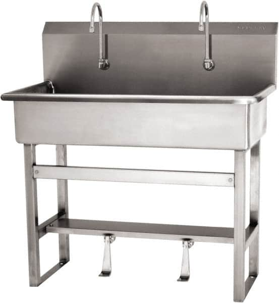 SANI-LAV - 37" Long x 16-1/2" Wide Inside, 1 Compartment, Grade 304 Stainless Steel (3) Person Wash-Station with Single Foot Valves - 16 Gauge, 40" Long x 20" Wide x 45" High Outside, 8" Deep - Makers Industrial Supply