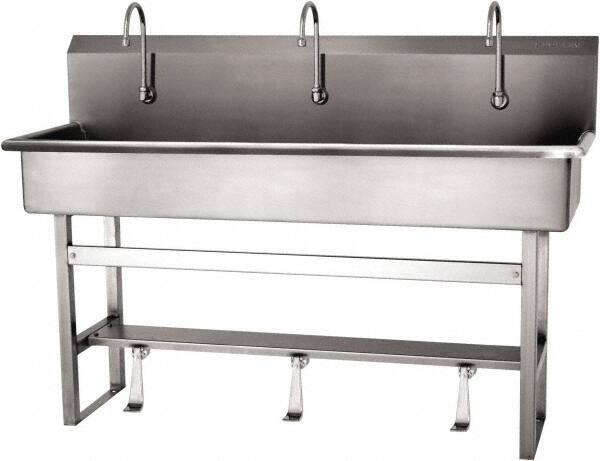 SANI-LAV - 57" Long x 16-1/2" Wide Inside, 1 Compartment, Grade 304 Stainless Steel (4) Person Wash-Station with Single Foot Valves - 16 Gauge, 60" Long x 20" Wide x 45" High Outside, 8" Deep - Makers Industrial Supply