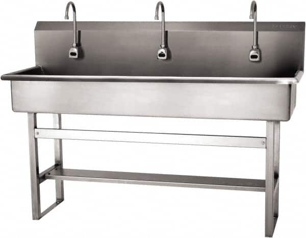 SANI-LAV - 57" Long x 16-1/2" Wide Inside, 1 Compartment, Grade 304 Stainless Steel (4) Person Wash-Station with Electronic Faucet - 16 Gauge, 60" Long x 20" Wide x 45" High Outside, 8" Deep - Makers Industrial Supply