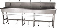 SANI-LAV - 97" Long x 16-1/2" Wide Inside, 1 Compartment, Grade 304 Stainless Steel (5) Person Wash-Station with Single Foot Valves - 16 Gauge, 100" Long x 20" Wide x 45" High Outside, 8" Deep - Makers Industrial Supply