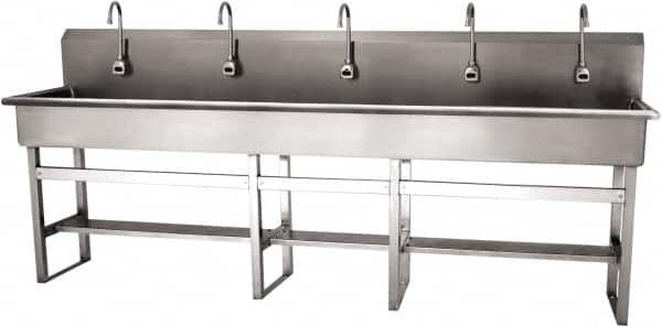 SANI-LAV - 97" Long x 16-1/2" Wide Inside, 1 Compartment, Grade 304 Stainless Steel (5) Person Wash-Station with Electronic Faucet - 16 Gauge, 100" Long x 20" Wide x 45" High Outside, 8" Deep - Makers Industrial Supply