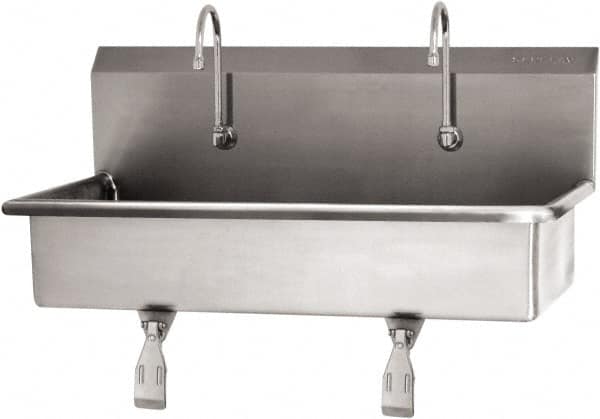 SANI-LAV - 37" Long x 16-1/2" Wide Inside, 1 Compartment, Grade 304 Stainless Steel (2) Person Wash-Station with Single Foot Valves - 16 Gauge, 40" Long x 20" Wide x 18" High Outside, 8" Deep - Makers Industrial Supply