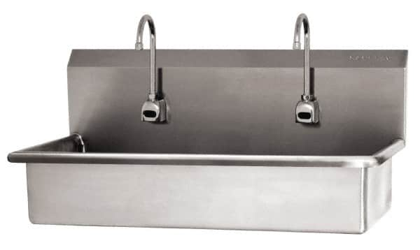 SANI-LAV - 37" Long x 16-1/2" Wide Inside, 1 Compartment, Grade 304 Stainless Steel (2) Person Wash-Station with Electronic Faucet - 16 Gauge, 40" Long x 20" Wide x 18" High Outside, 8" Deep - Makers Industrial Supply